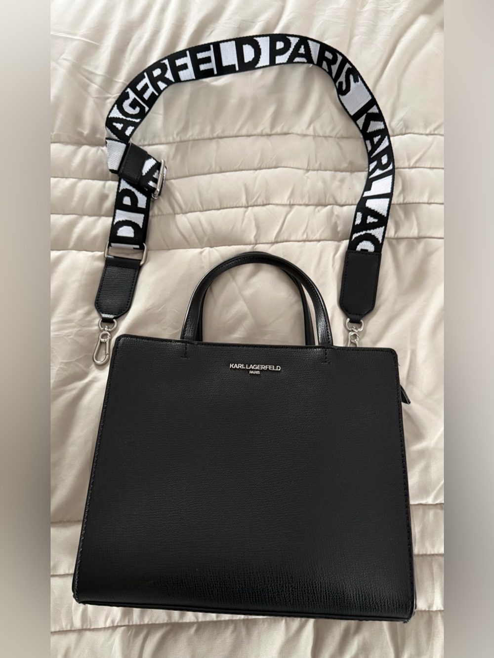 Karl Lagerfeld Black Structured Satchel with Logo Monochrome Strap